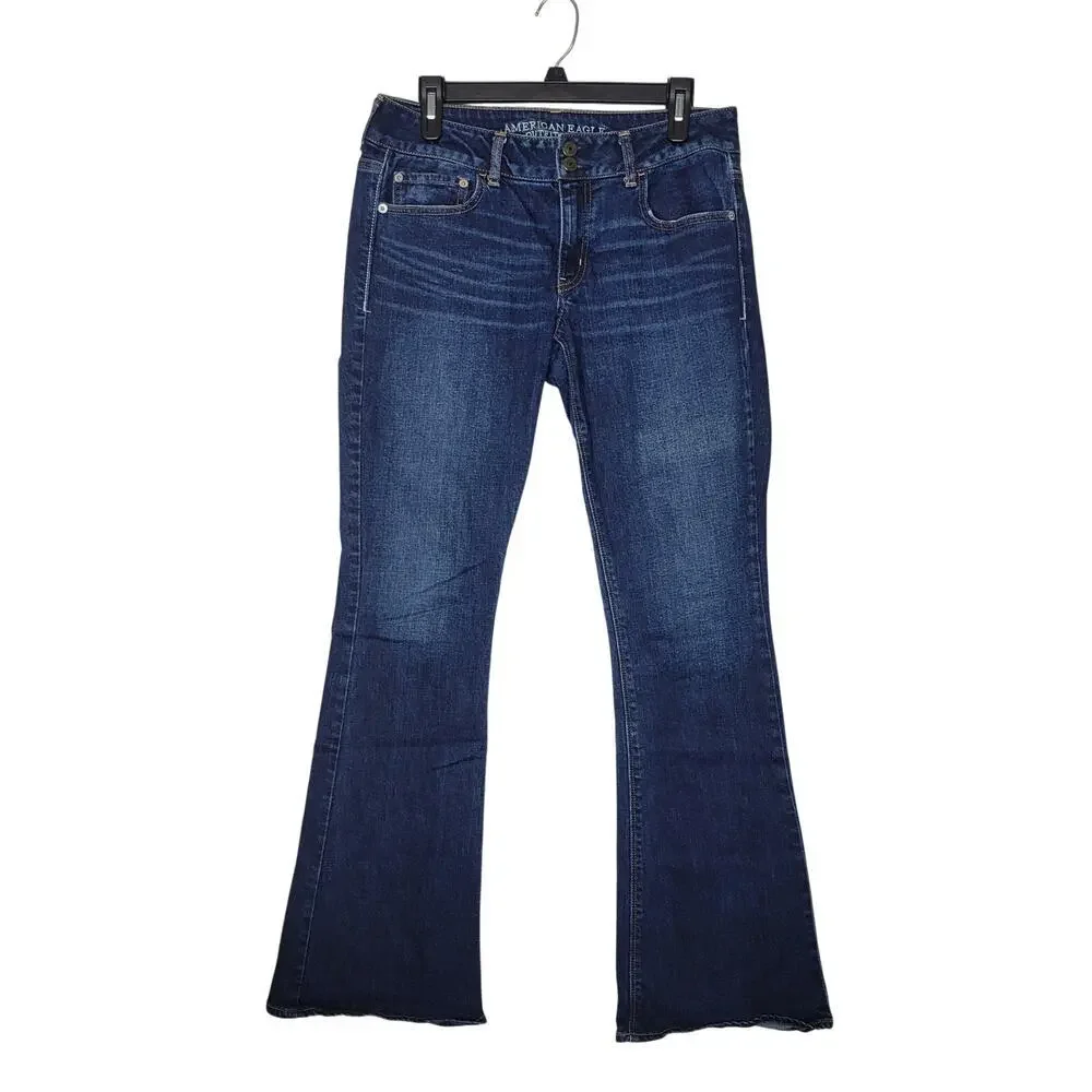 American Eagle Artist Flare Jeans Womens 8 Dark Wash Embroidered Stretch Denim - Picture 2 of 12